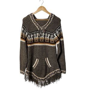 Alpaca Hooded Fringe Sweater XL Peru Llama Fair Isle Knit Boho (Runs Small)